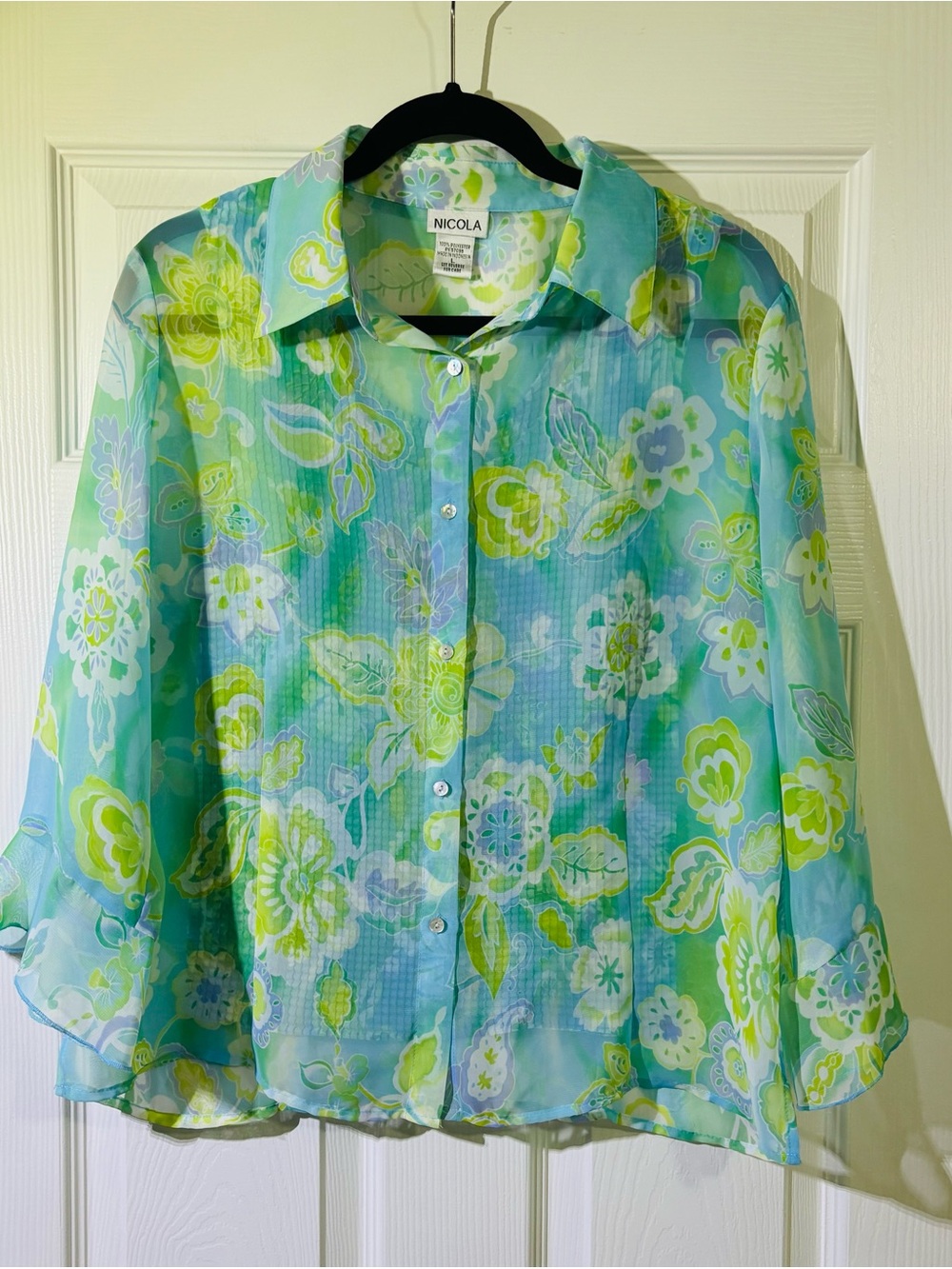 Y2K Nicola Sheer Floral Button-Up Blouse in Aqua and Lime